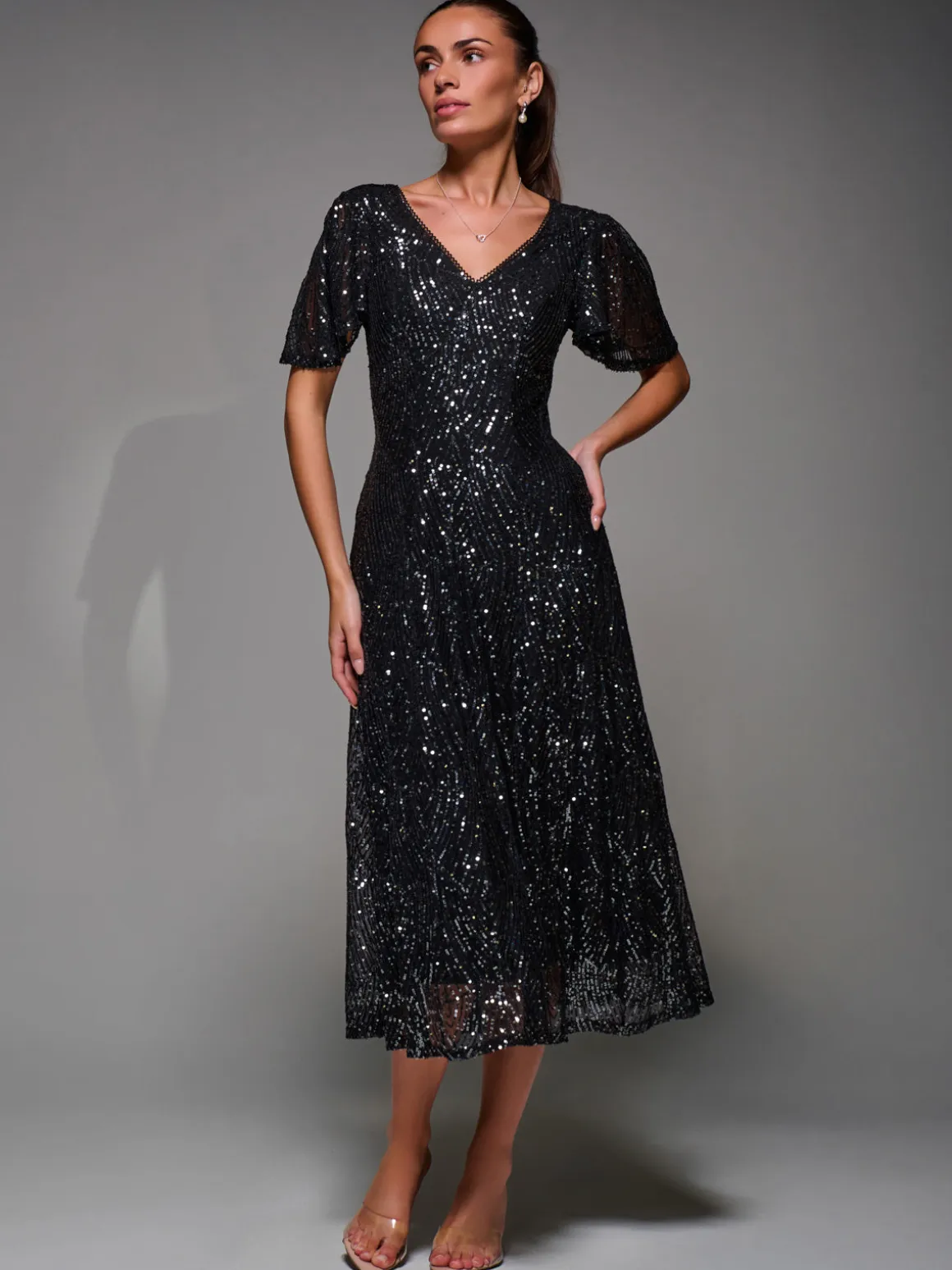 Sequin Angel Sleeve Fit & Flare Midaxi Dress, Black Metallic