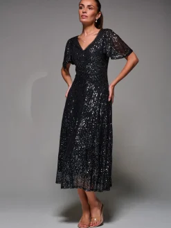 Sequin Angel Sleeve Fit & Flare Midaxi Dress, Black Metallic