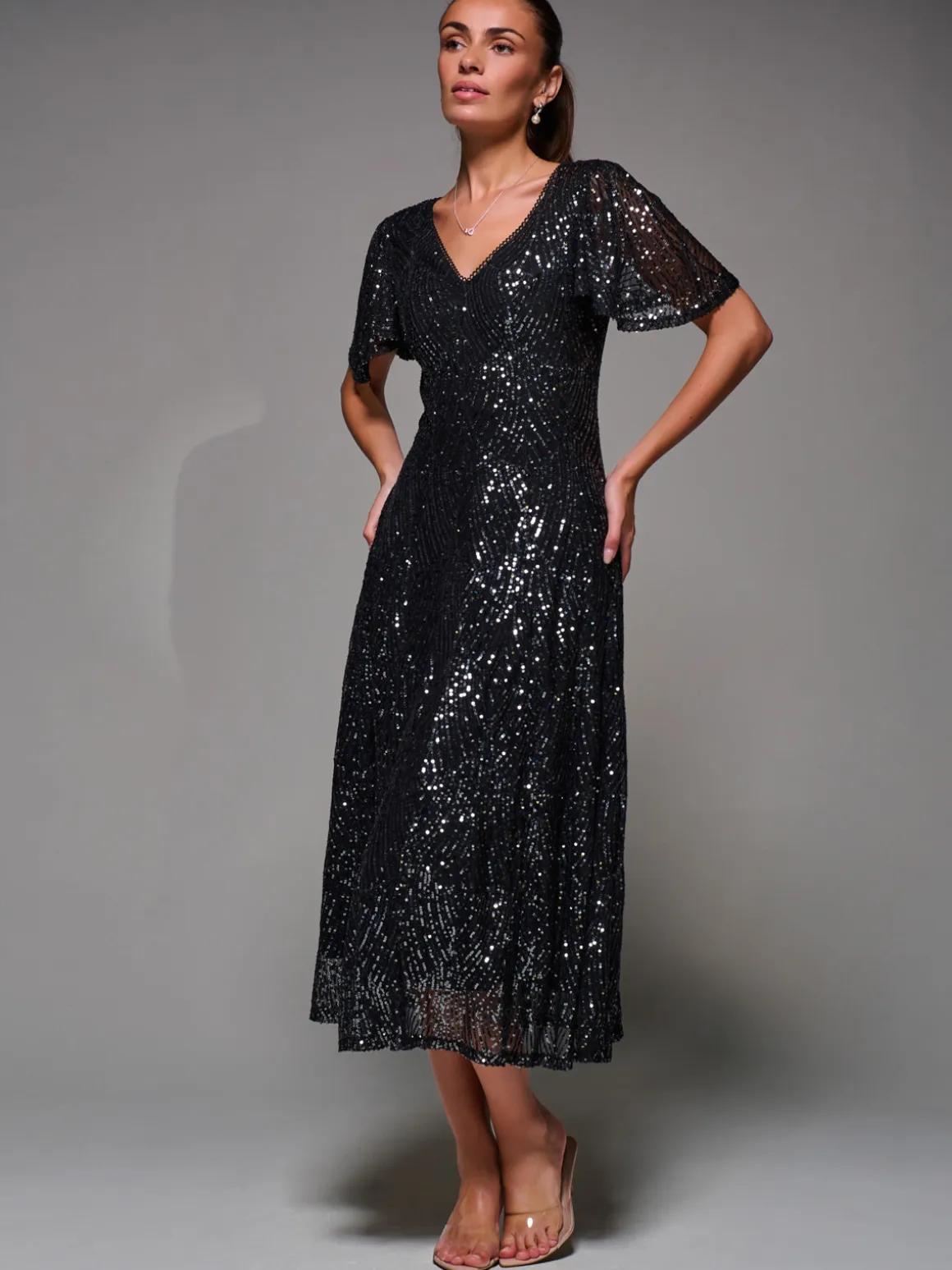 Sequin Angel Sleeve Fit & Flare Midaxi Dress, Black Metallic