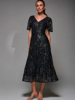 Sequin Angel Sleeve Fit & Flare Midaxi Dress, Black Metallic