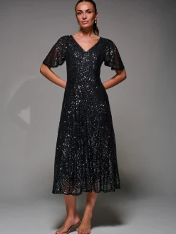 Sequin Angel Sleeve Fit & Flare Midaxi Dress, Black Metallic
