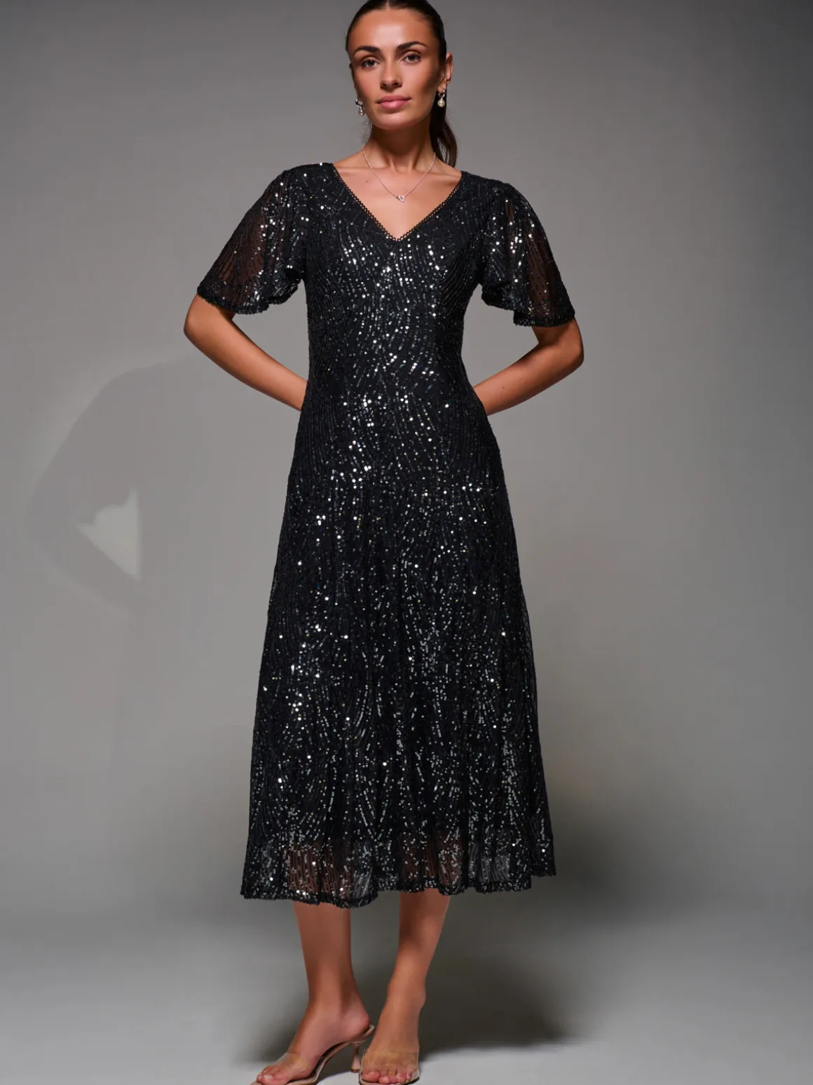 Sequin Angel Sleeve Fit & Flare Midaxi Dress, Black Metallic