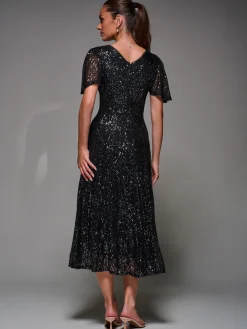 Sequin Angel Sleeve Fit & Flare Midaxi Dress, Black Metallic