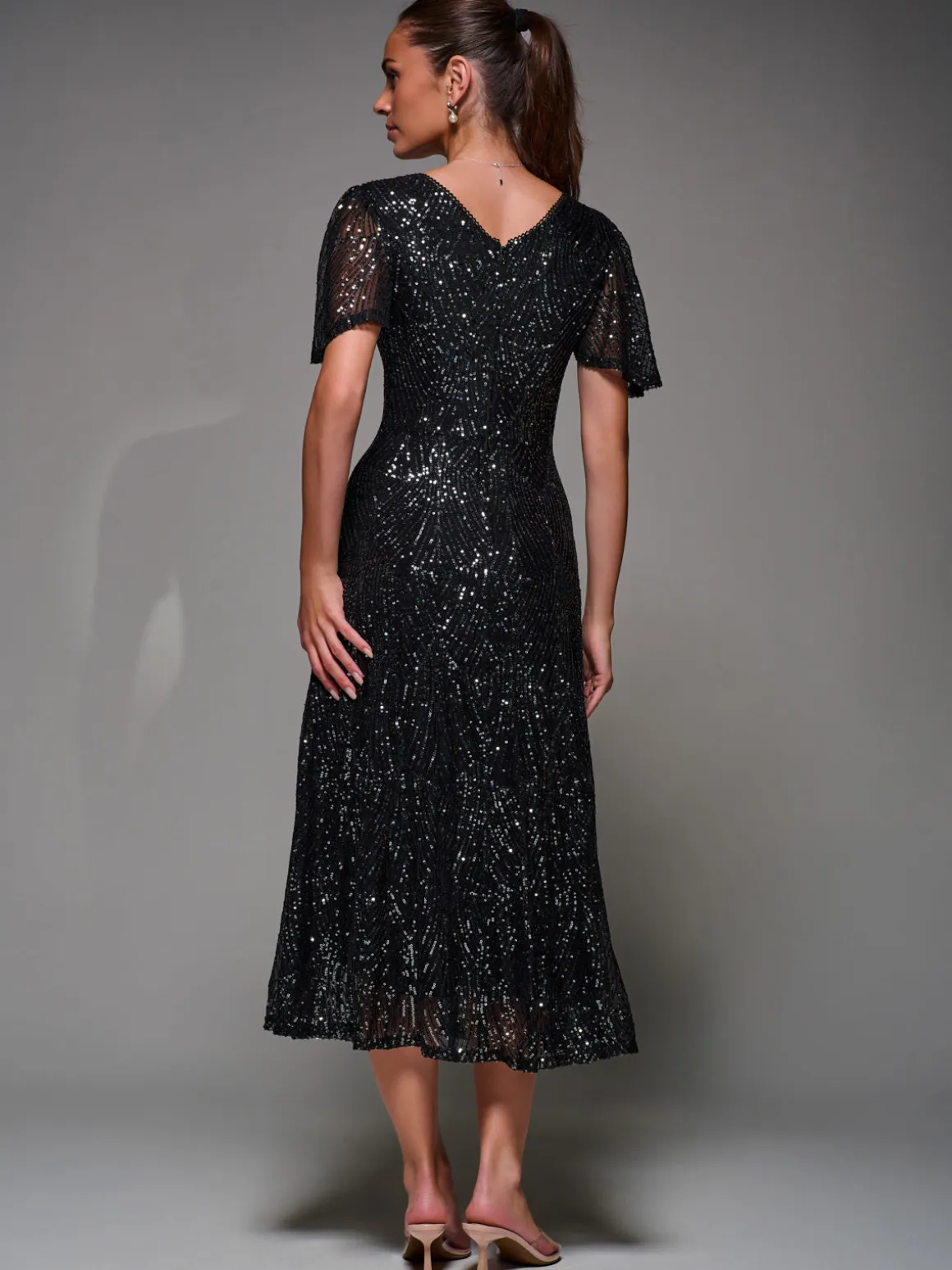 Sequin Angel Sleeve Fit & Flare Midaxi Dress, Black Metallic