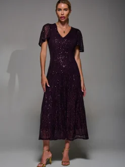 Sequin Angel Sleeve Fit & Flare Midaxi Dress, Dark Burgundy