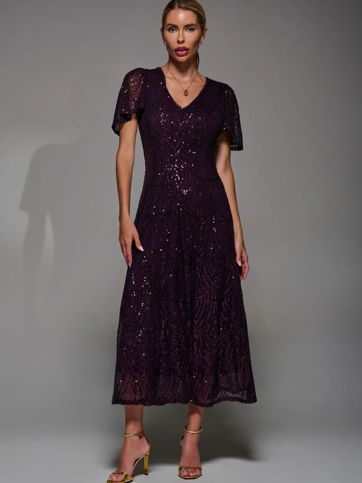 Sequin Angel Sleeve Fit & Flare Midaxi Dress, Dark Burgundy