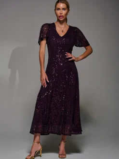 Sequin Angel Sleeve Fit & Flare Midaxi Dress, Dark Burgundy