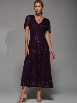 Sequin Angel Sleeve Fit & Flare Midaxi Dress, Dark Burgundy