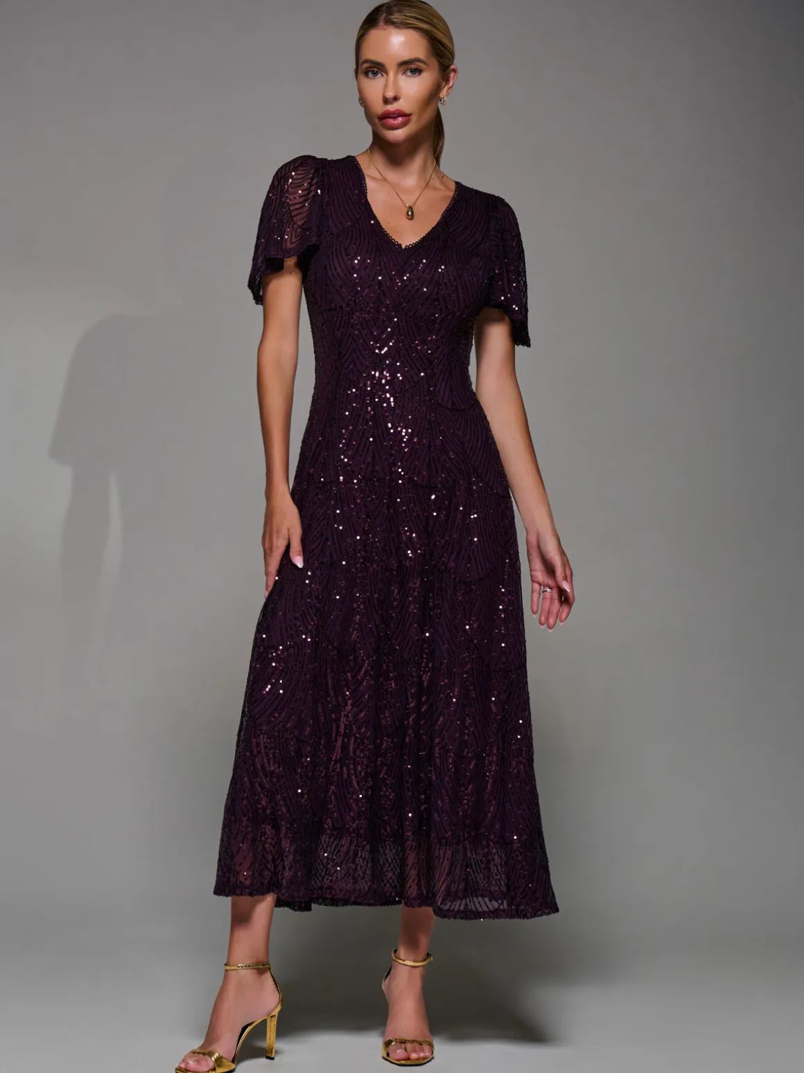 Sequin Angel Sleeve Fit & Flare Midaxi Dress, Dark Burgundy