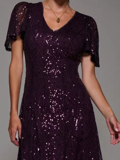 Sequin Angel Sleeve Fit & Flare Midaxi Dress, Dark Burgundy