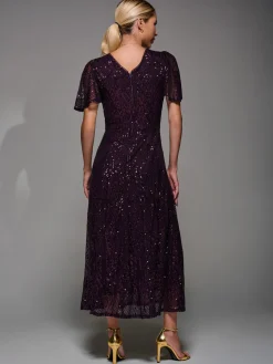 Sequin Angel Sleeve Fit & Flare Midaxi Dress, Dark Burgundy