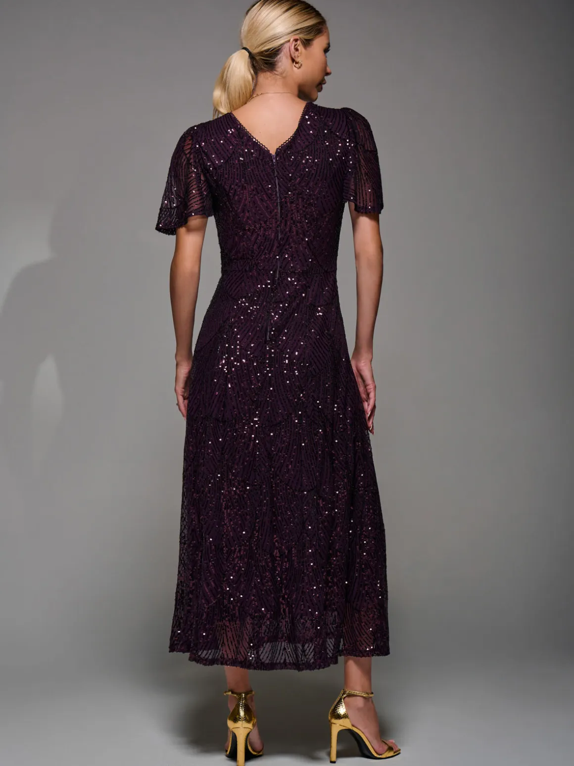 Sequin Angel Sleeve Fit & Flare Midaxi Dress, Dark Burgundy