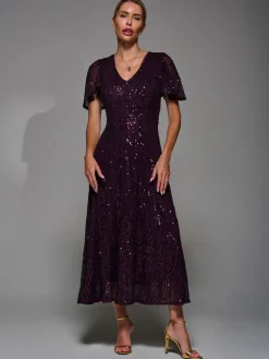 Sequin Angel Sleeve Fit & Flare Midaxi Dress, Dark Burgundy