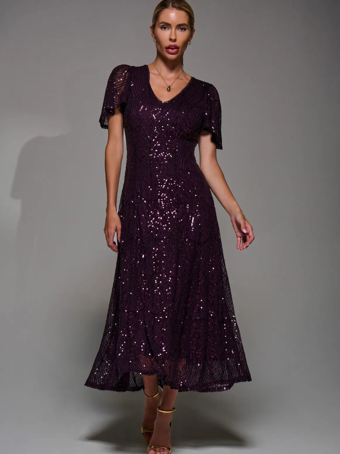 Sequin Angel Sleeve Fit & Flare Midaxi Dress, Dark Burgundy