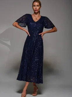 Sequin Angel Sleeve Fit & Flare Midaxi Dress, Navy