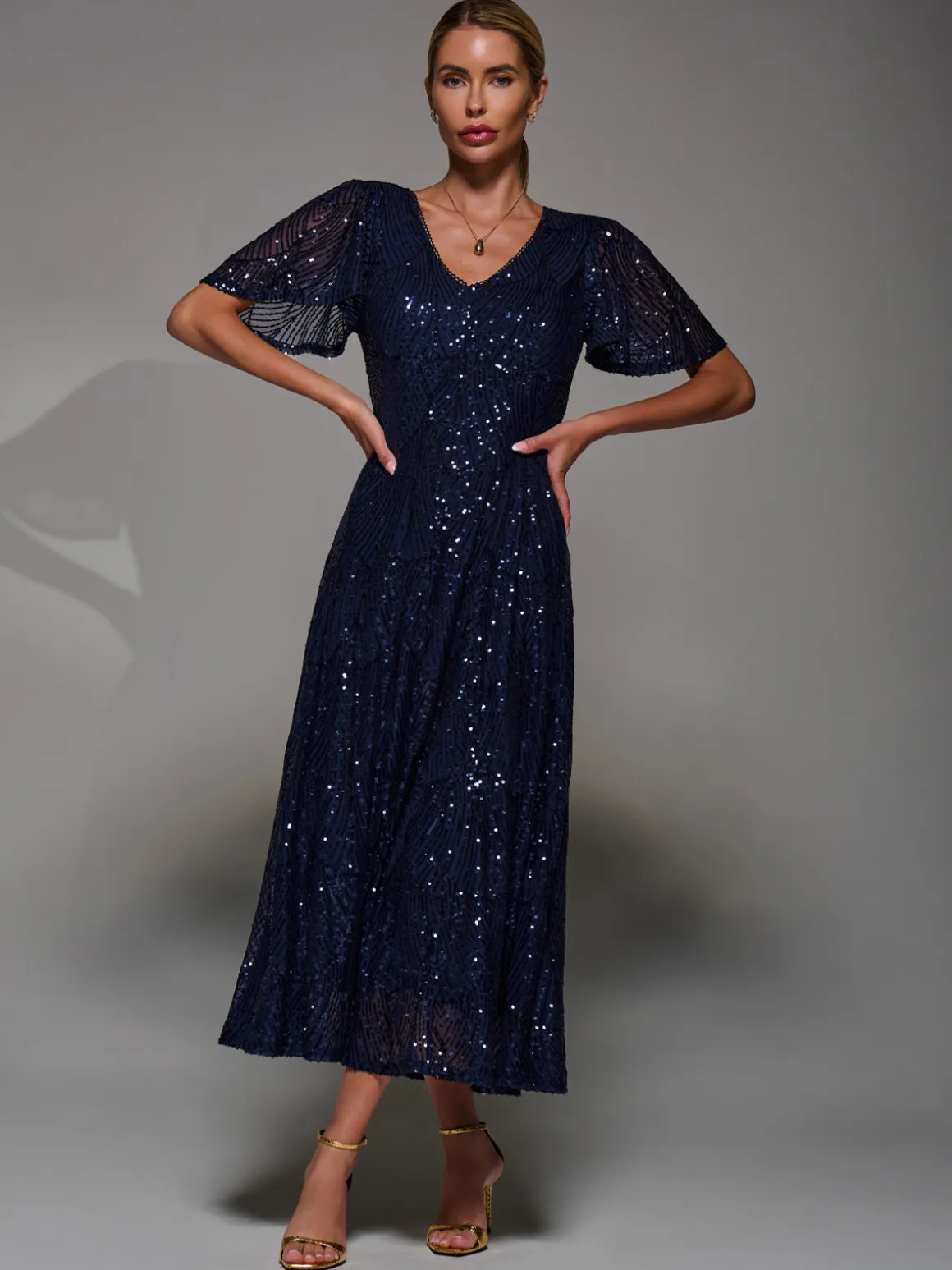 Sequin Angel Sleeve Fit & Flare Midaxi Dress, Navy