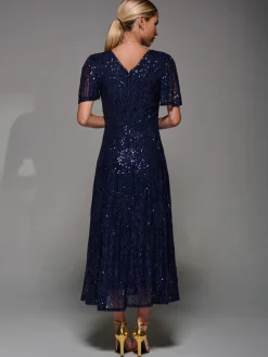 Sequin Angel Sleeve Fit & Flare Midaxi Dress, Navy