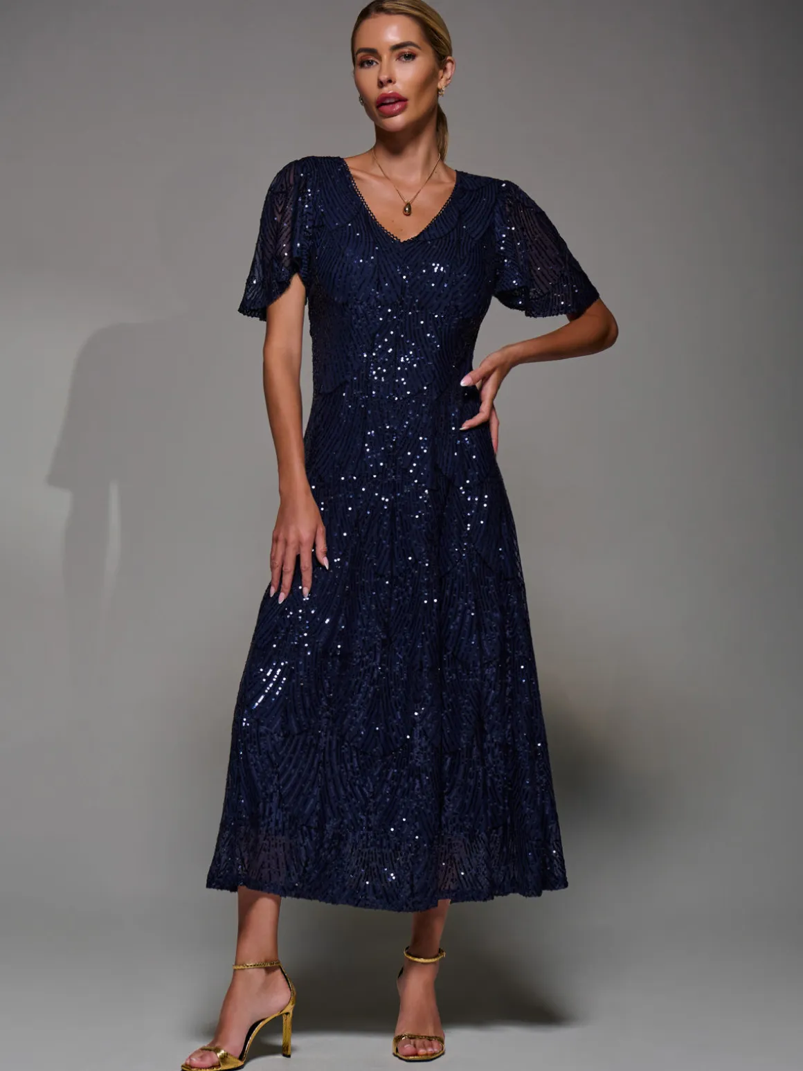Sequin Angel Sleeve Fit & Flare Midaxi Dress, Navy