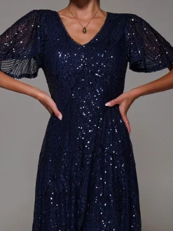 Sequin Angel Sleeve Fit & Flare Midaxi Dress, Navy