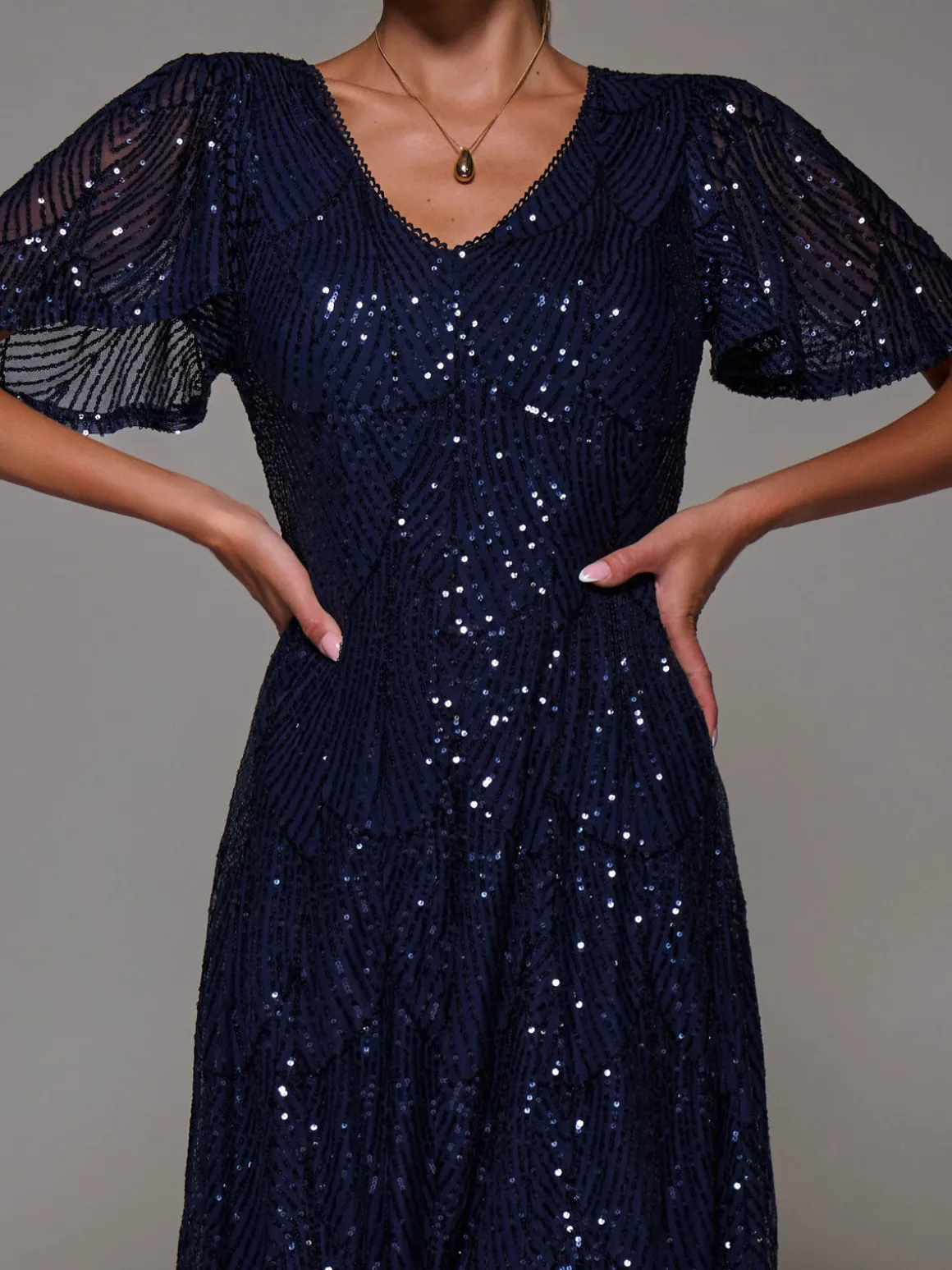 Sequin Angel Sleeve Fit & Flare Midaxi Dress, Navy