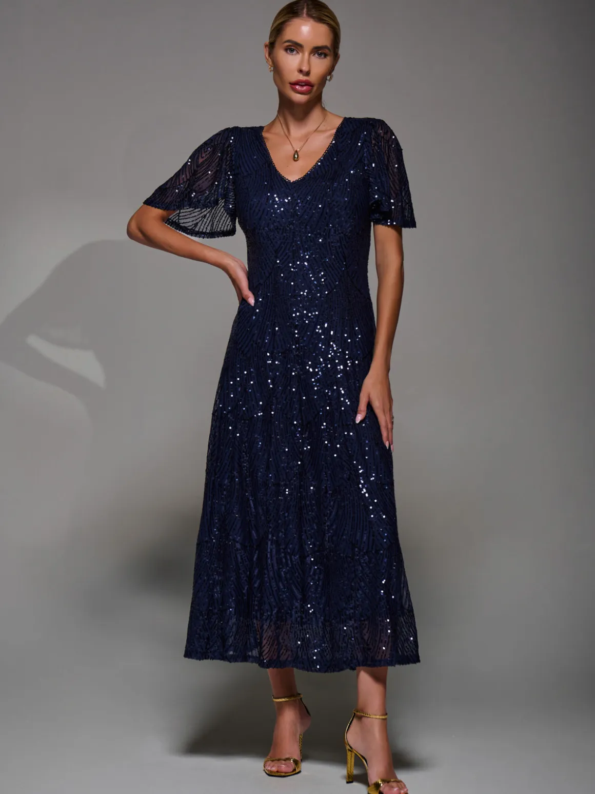 Sequin Angel Sleeve Fit & Flare Midaxi Dress, Navy