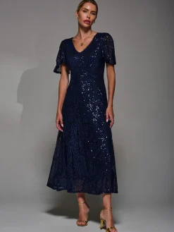 Sequin Angel Sleeve Fit & Flare Midaxi Dress, Navy