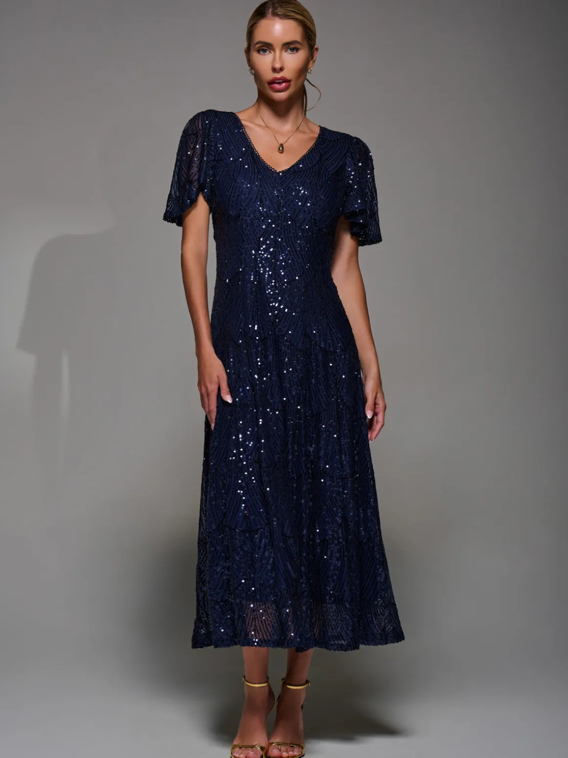 Sequin Angel Sleeve Fit & Flare Midaxi Dress, Navy