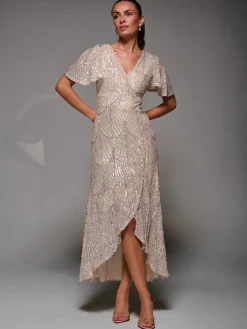 Sequin Angel Sleeve Ruffle Hem Maxi Dress, Beige Silver