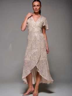 Sequin Angel Sleeve Ruffle Hem Maxi Dress, Beige Silver