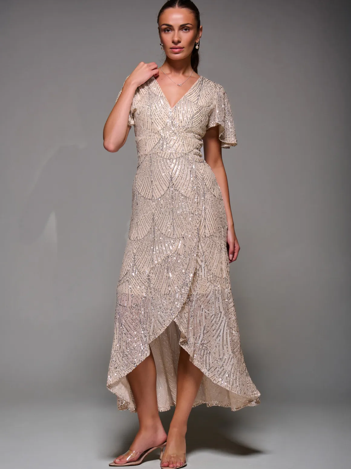 Sequin Angel Sleeve Ruffle Hem Maxi Dress, Beige Silver