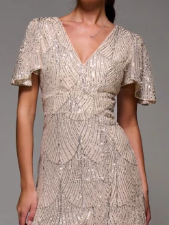 Sequin Angel Sleeve Ruffle Hem Maxi Dress, Beige Silver