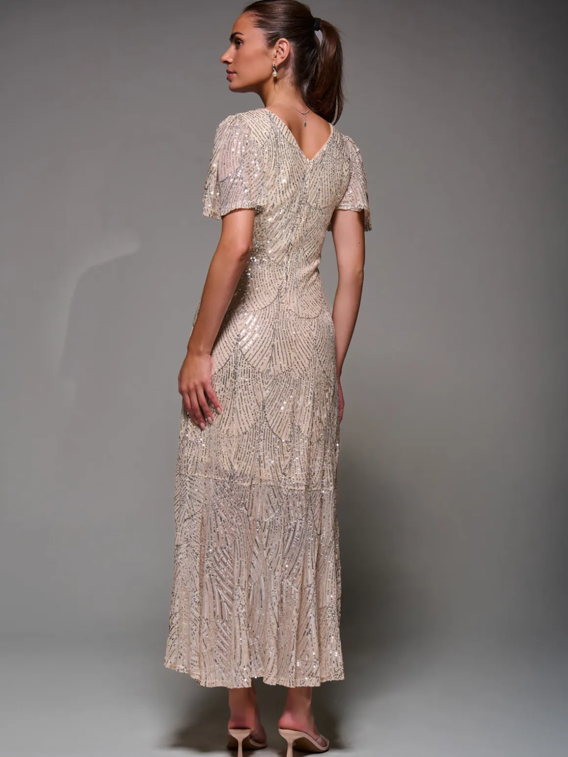 Sequin Angel Sleeve Ruffle Hem Maxi Dress, Beige Silver