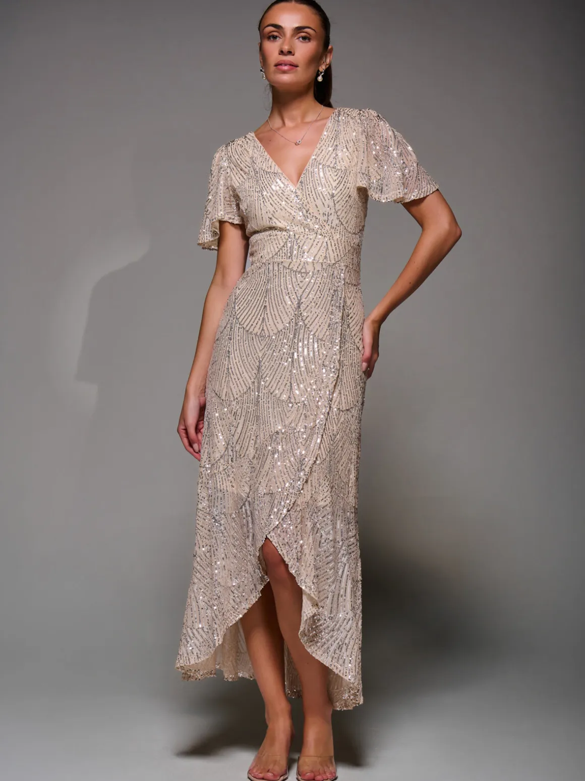 Sequin Angel Sleeve Ruffle Hem Maxi Dress, Beige Silver