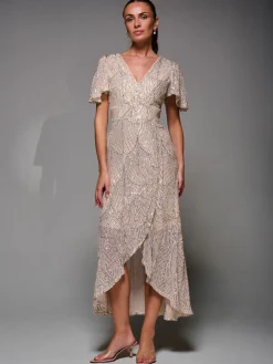 Sequin Angel Sleeve Ruffle Hem Maxi Dress, Beige Silver
