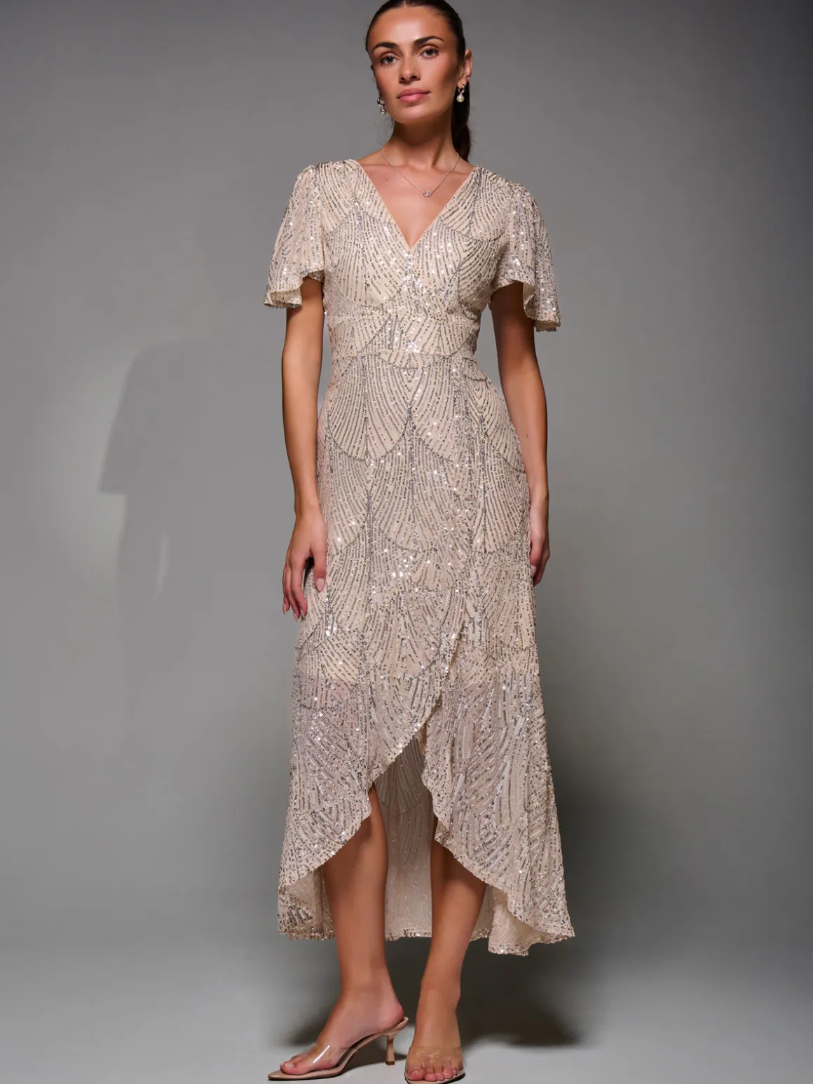 Sequin Angel Sleeve Ruffle Hem Maxi Dress, Beige Silver