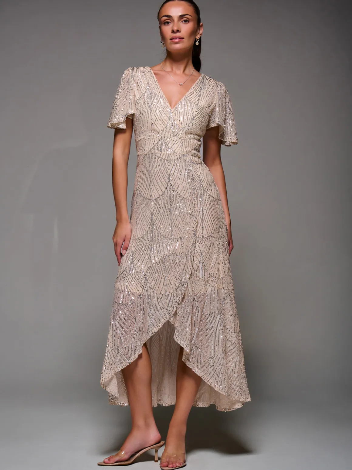 Sequin Angel Sleeve Ruffle Hem Maxi Dress, Beige Silver