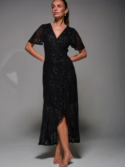 Sequin Angel Sleeve Ruffle Hem Maxi Dress, Black