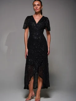 Sequin Angel Sleeve Ruffle Hem Maxi Dress, Black