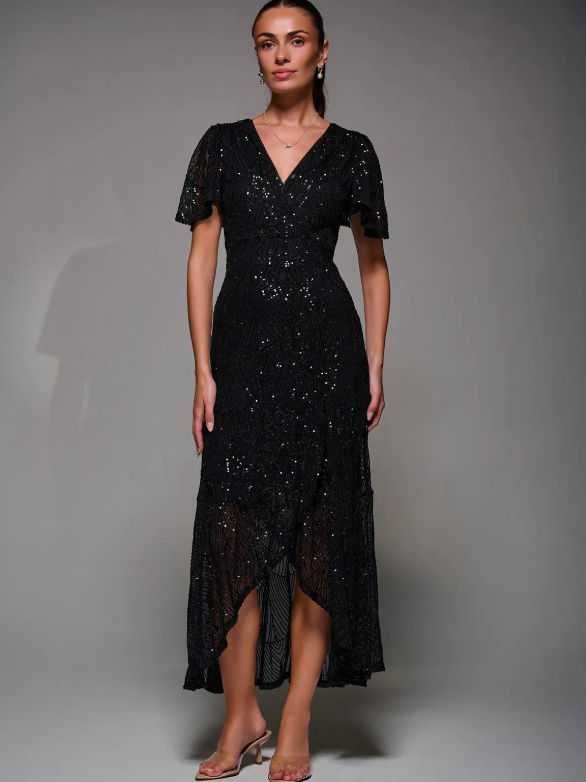 Sequin Angel Sleeve Ruffle Hem Maxi Dress, Black