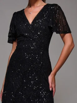 Sequin Angel Sleeve Ruffle Hem Maxi Dress, Black