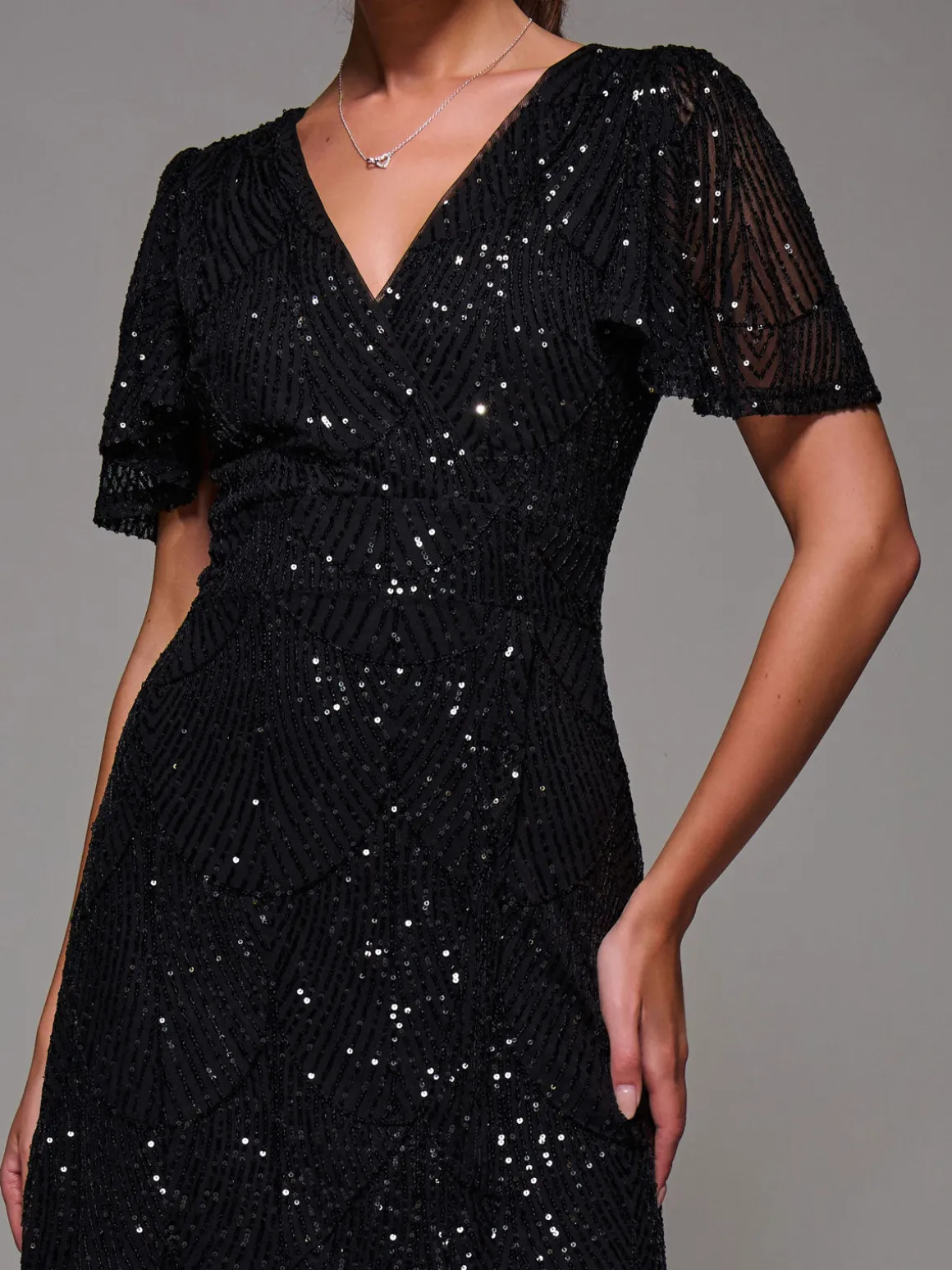 Sequin Angel Sleeve Ruffle Hem Maxi Dress, Black