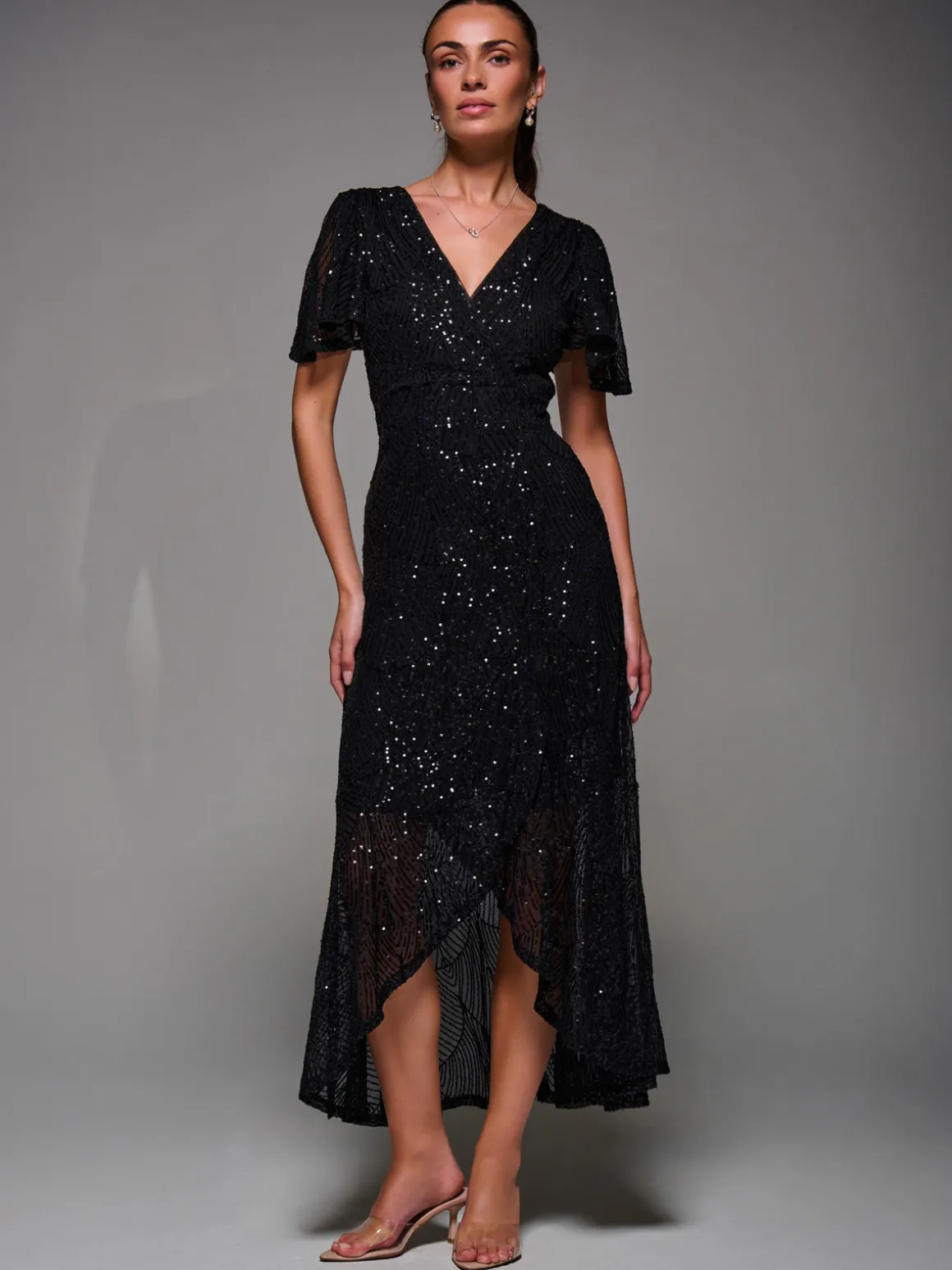 Sequin Angel Sleeve Ruffle Hem Maxi Dress, Black