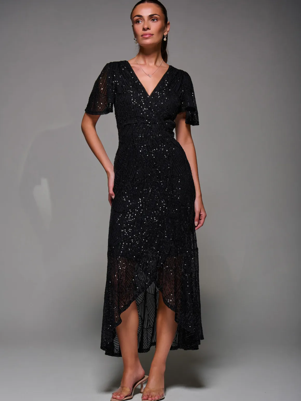 Sequin Angel Sleeve Ruffle Hem Maxi Dress, Black