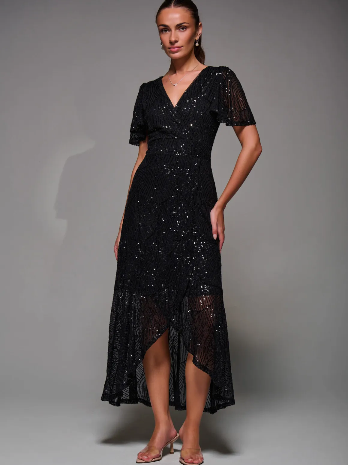 Sequin Angel Sleeve Ruffle Hem Maxi Dress, Black