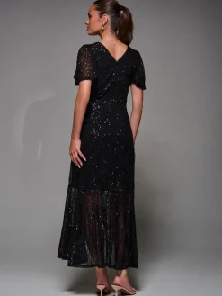 Sequin Angel Sleeve Ruffle Hem Maxi Dress, Black
