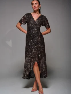 Sequin Angel Sleeve Ruffle Hem Maxi Dress, Black Gold