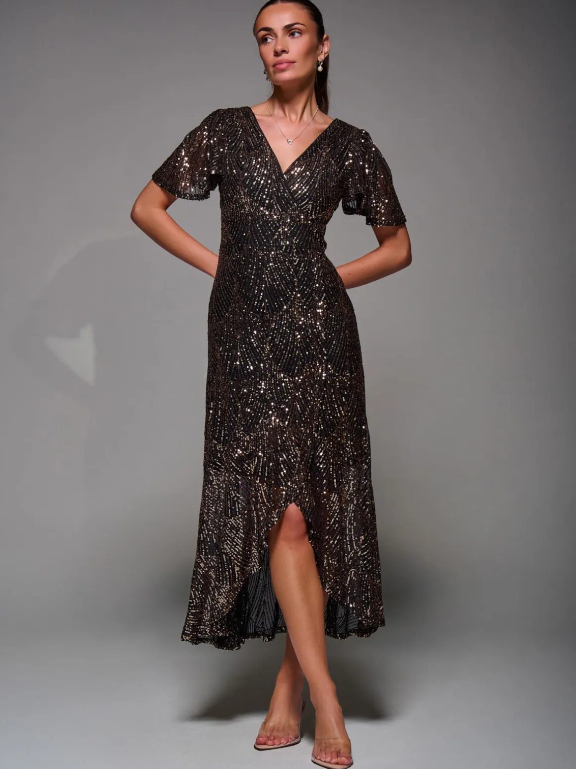 Sequin Angel Sleeve Ruffle Hem Maxi Dress, Black Gold