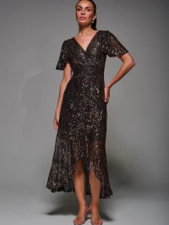 Sequin Angel Sleeve Ruffle Hem Maxi Dress, Black Gold