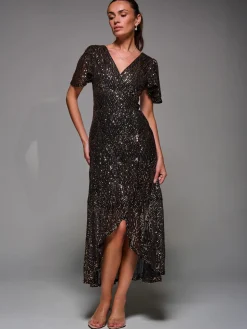 Sequin Angel Sleeve Ruffle Hem Maxi Dress, Black Gold