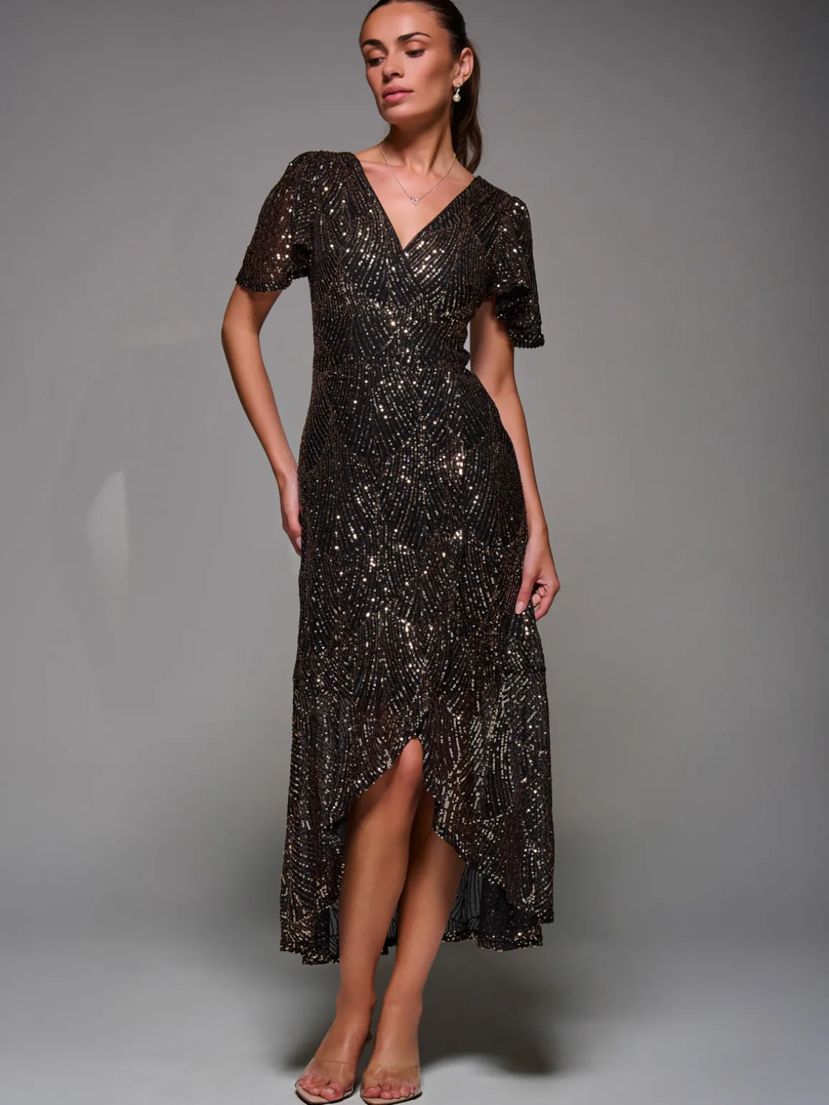 Sequin Angel Sleeve Ruffle Hem Maxi Dress, Black Gold